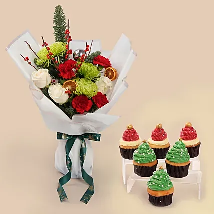 Christmas Cupcake and Floral Gift Combo: Christmas Cupcakes
