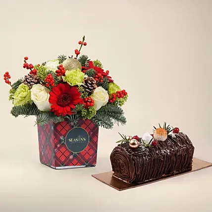 Christmas Flower Box with Chocolate Yule Log Cake Gift Set: Yule Log Cake
