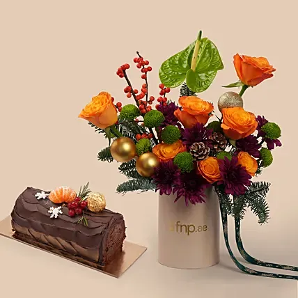 Christmas Yule Log Cake and Festive Flower Arrangement: Log Cake