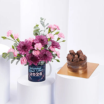 كومبو رأس السنة | مونو كيك و مج ورود: زهور وكيك العام الجديد