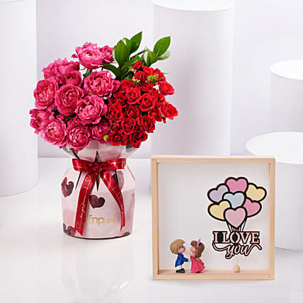 Valentines Mixed Roses in Heart Sleeve with Led Frame: 
