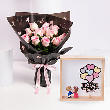 Valentines Rose Bouquet With Love Led Frame: Valentines Day Combos