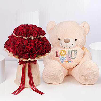 Valentines 100 Red Roses With 5Ft Teddy Bear: Valentines Day Combos