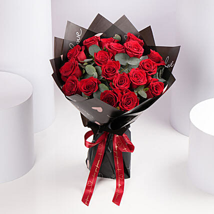Valentines 18 Red Roses Bouquet in Black Wrap: Valentine's Day Gifts