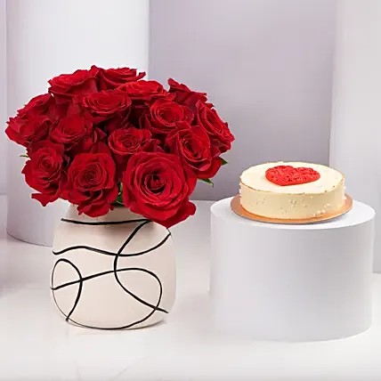 Red Bloom Arrangement And Cake Combo: Valentine Day Cakes to Umm Al Quwain