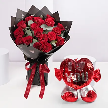 ورود حمراء مع دبدوب وبالون قلب: هدايا ورد وتيدي بير الفالنتاين 