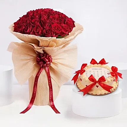 Red Roses Arrangement With Designer Cake: Valentine's Day Cake
