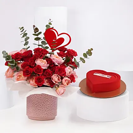 Romantic Rose Arrangement And Heart Cake: Valentine's Day Cake