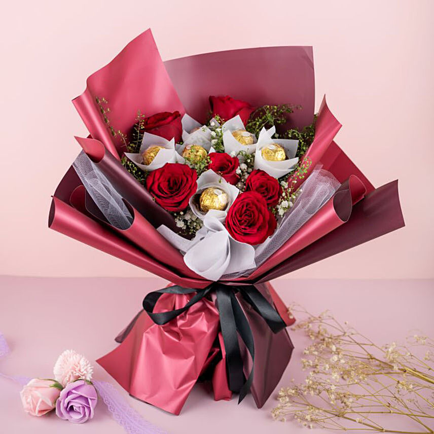 12 Stems Red Roses Bouquet And Ferrero Rocher