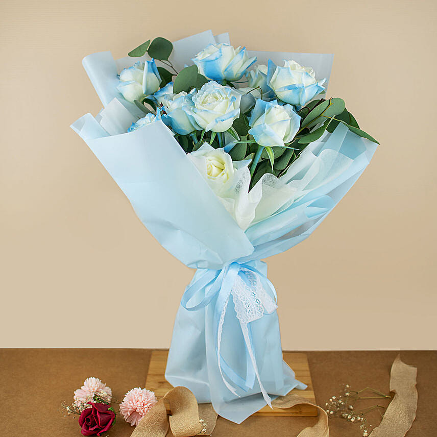 Beautifully Tied Blue Roses Bouquet 50 Stems