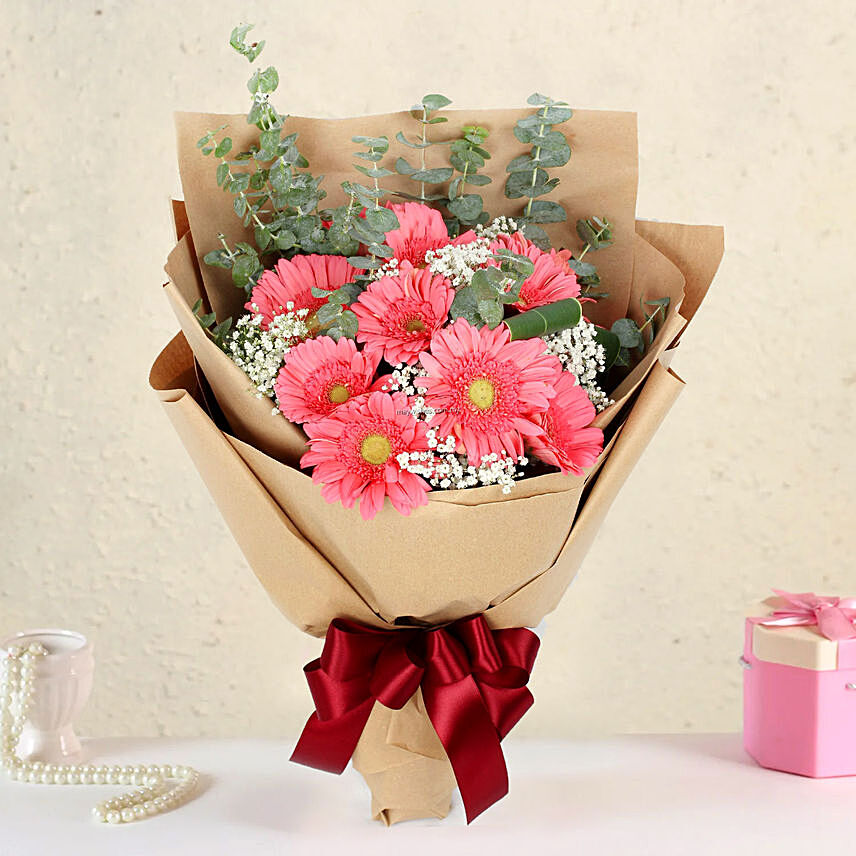 Gracious Pink Gerberas Beautifully Tied Bouquet