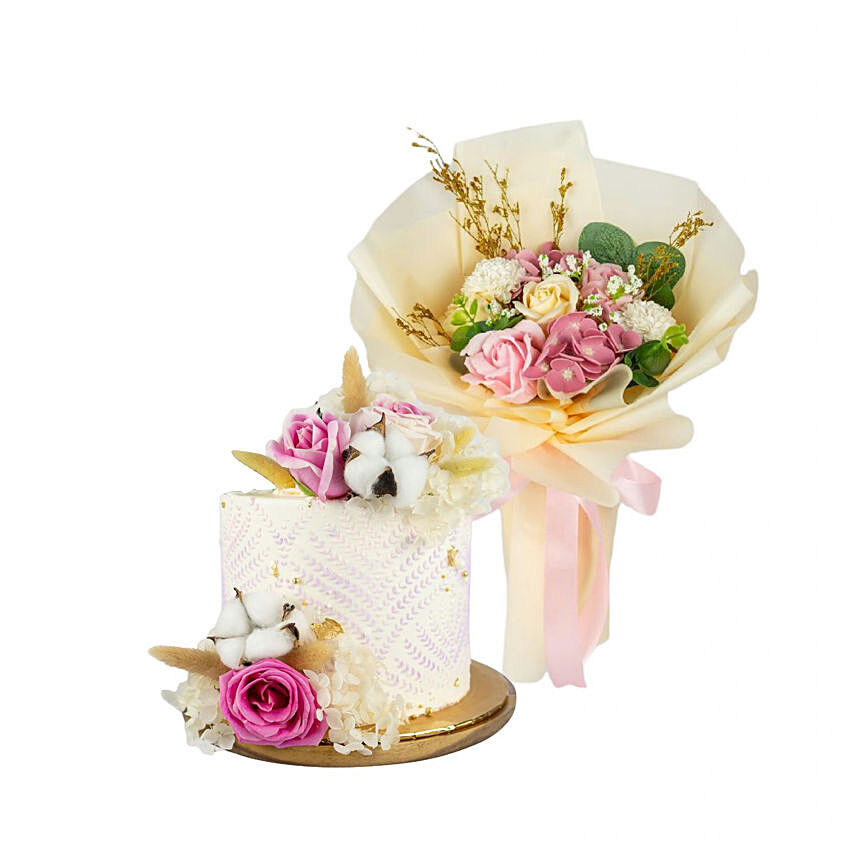 Miracle Designer Cake And Mixed Flowers Bouquet