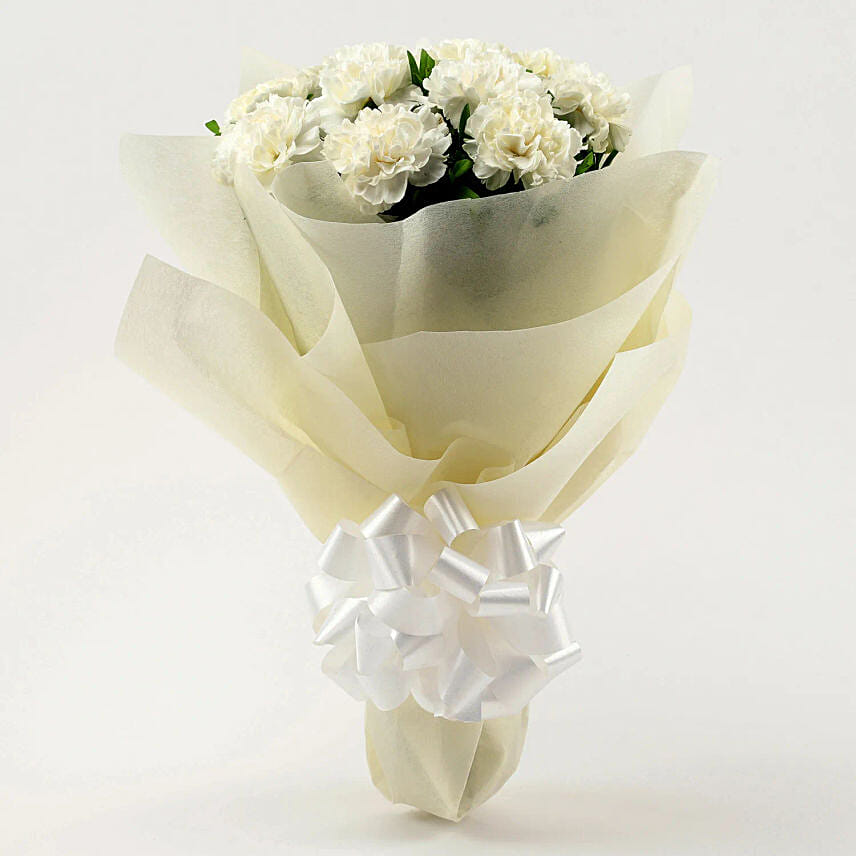 12 Red Carnations Bouquet In White White Paper