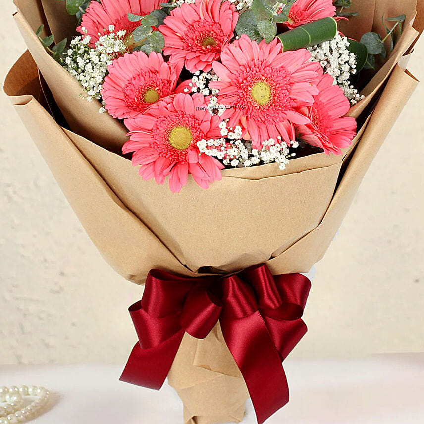 Gracious Pink Gerberas Beautifully Tied Bouquet