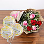Sweet Roses Bunch With Anniversary Balloon