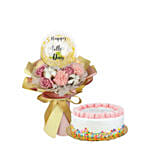 Rainbow Cake With Balloon And Flowers Bouquet