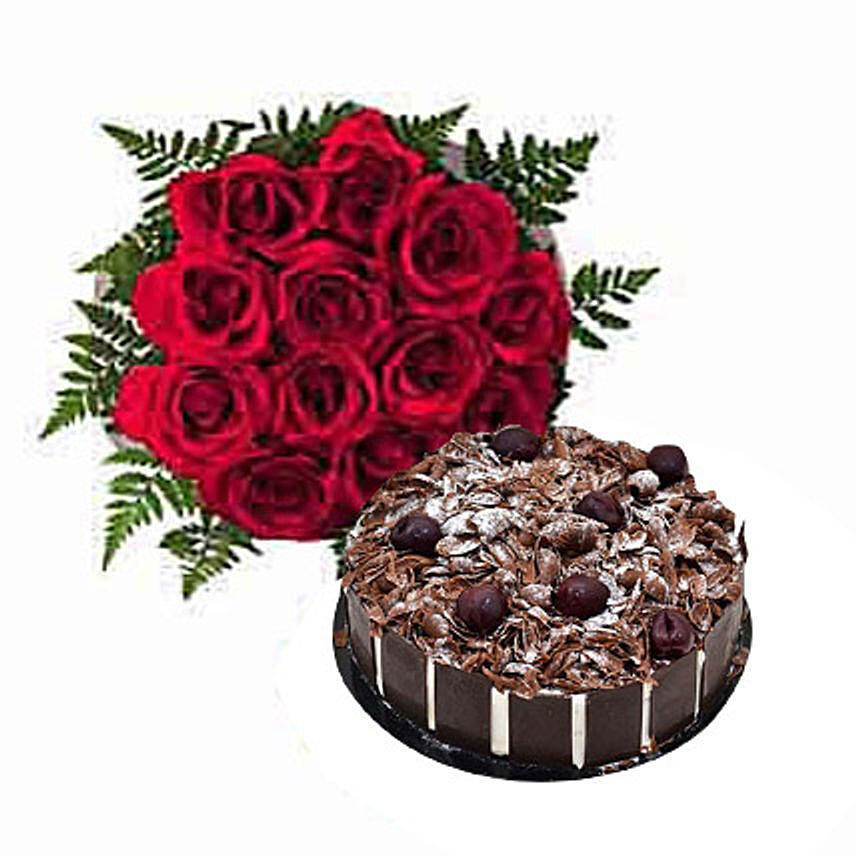 Dozen Roses with Blackforest Cake OM
