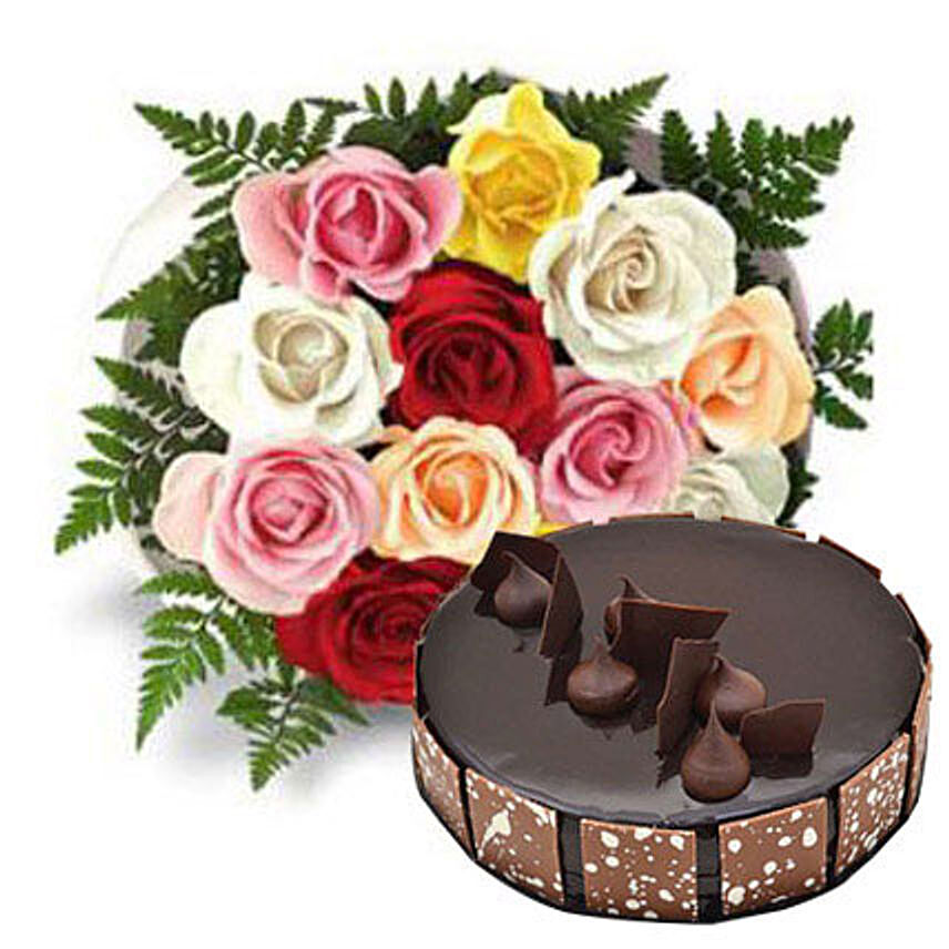 Dozen Multi Roses with Fudge Cake OM