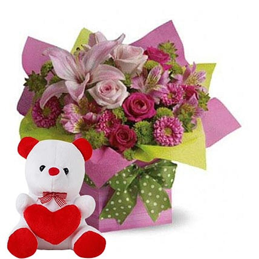 Mixed Flower Arrangement and Teddy Combo OM