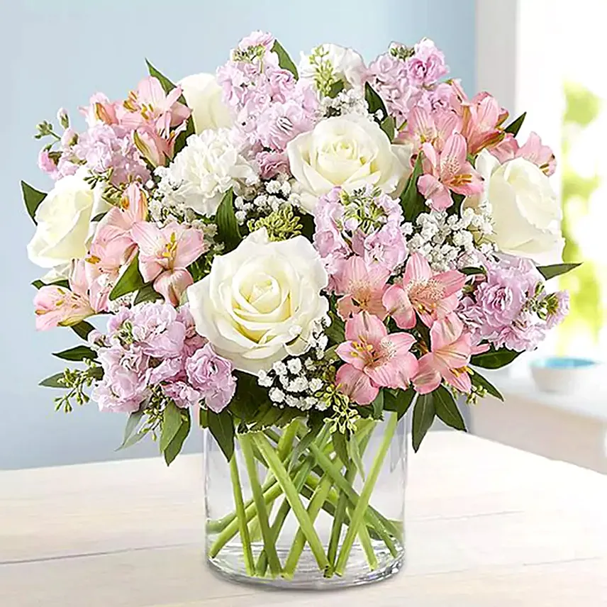 Pink And White Floral Bunch In Glass Vase