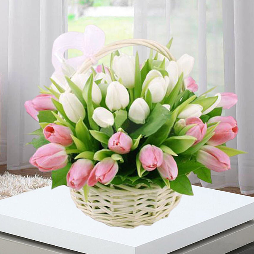 Pink White Tulips Basket