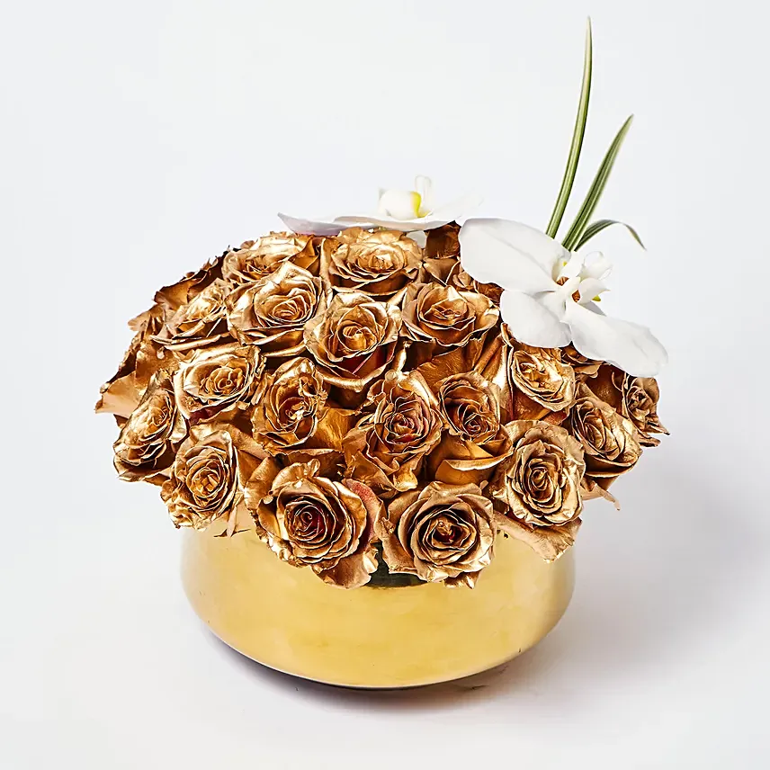 Delightful Gold Roses N Phalaenopsis Vase Arrangement