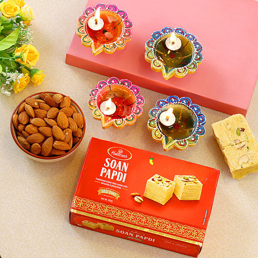 Multi Color Diyas With Soan Papdi And Almond