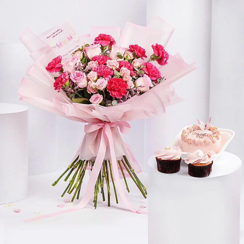 Carnations And Roses Bouquet And Cakes