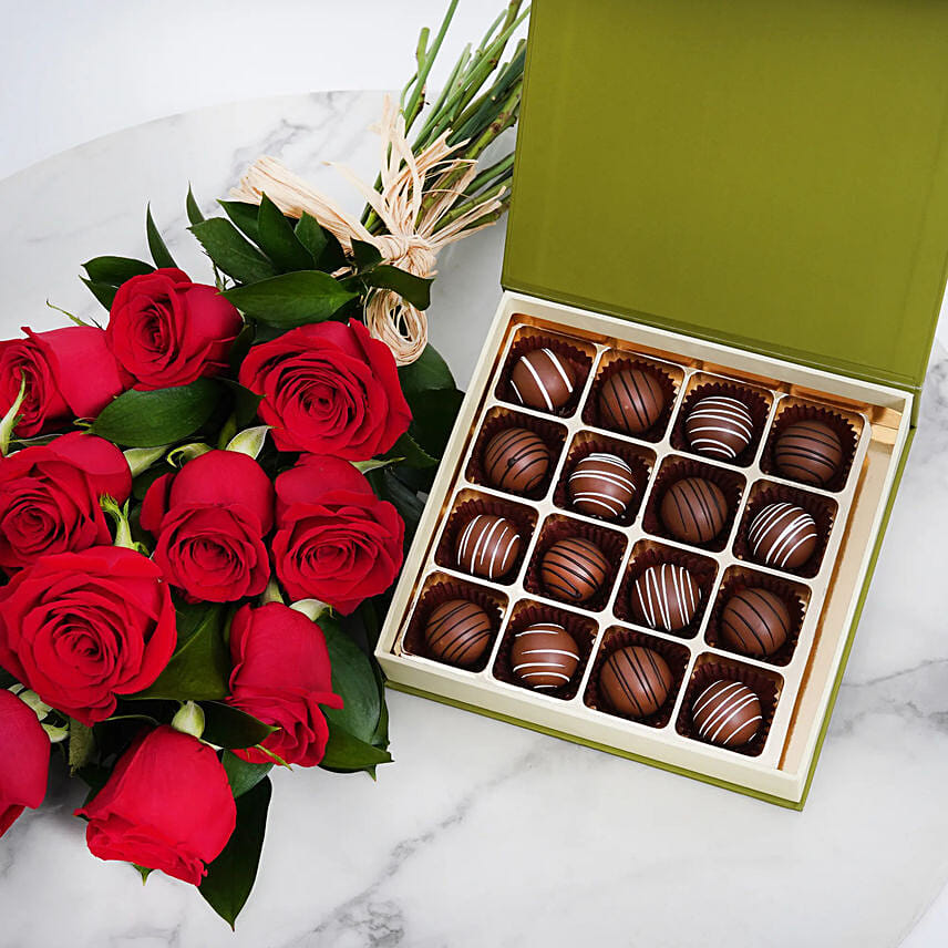 Chocolates and Hand Tied Red Rose Bouquet