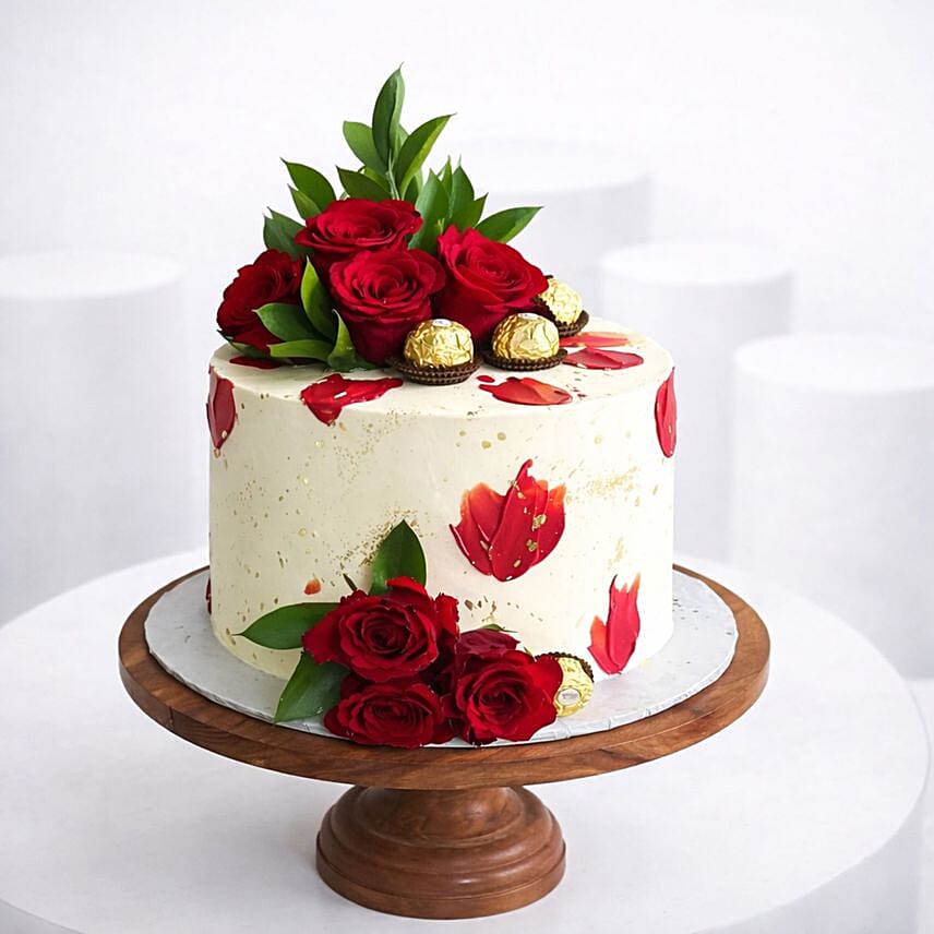 Elegant Red Roses and Cream Cake