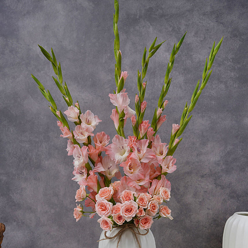 Gladiolus And Roses In A Premium Vase