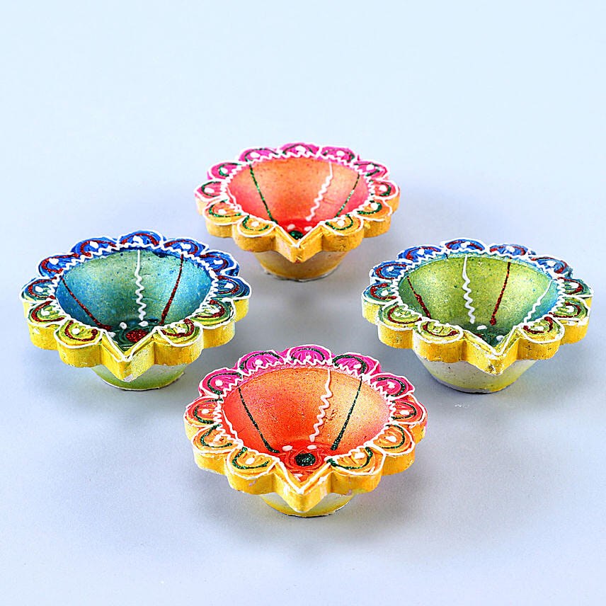 Multi Color Diyas With Soan Papdi And Almond
