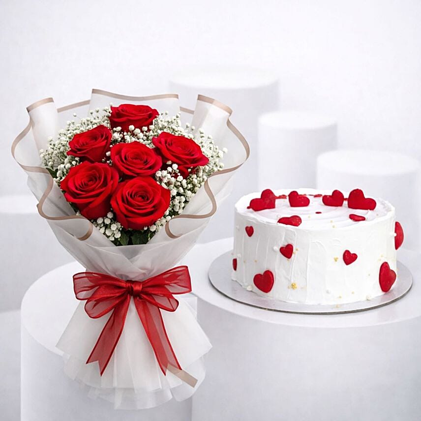 Red Roses Heart Surprise Box with Cake