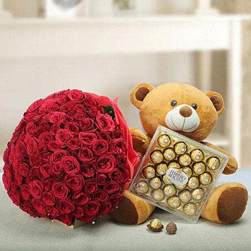 كومبو ورد أحمر وشوكولاتة ودبدوب