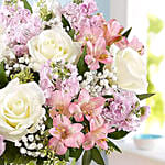 Pink And White Floral Bunch In Glass Vase