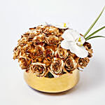 Delightful Gold Roses N Phalaenopsis Vase Arrangement