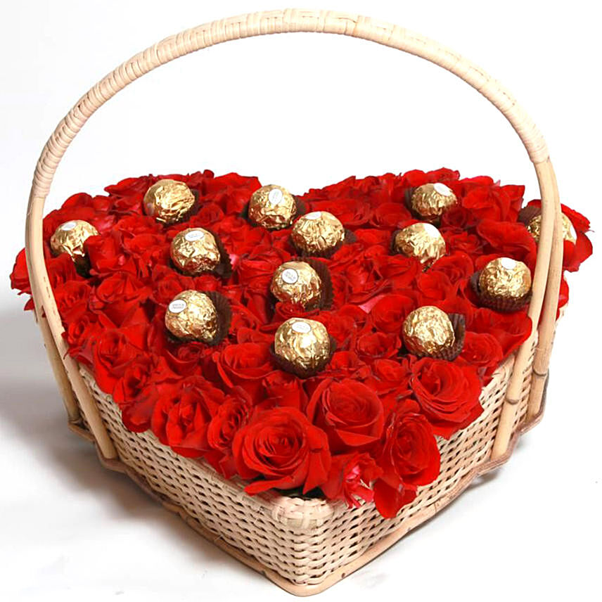 Red Rose And Ferrero Rocher Heart Basket