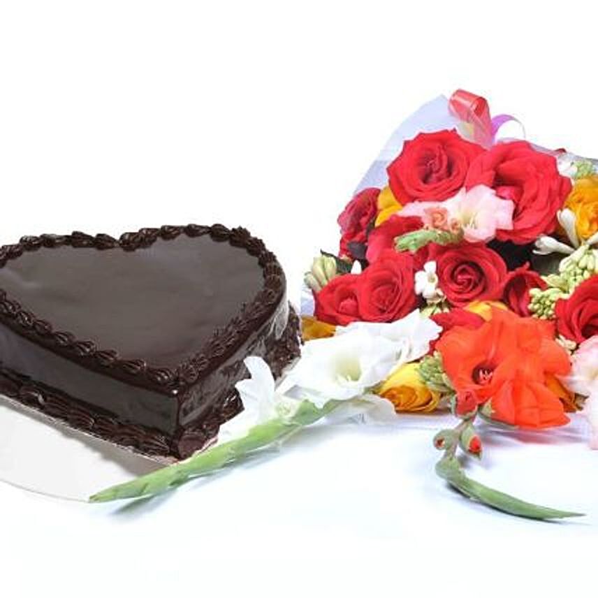 Chocolate Heart Cake with Bouquet