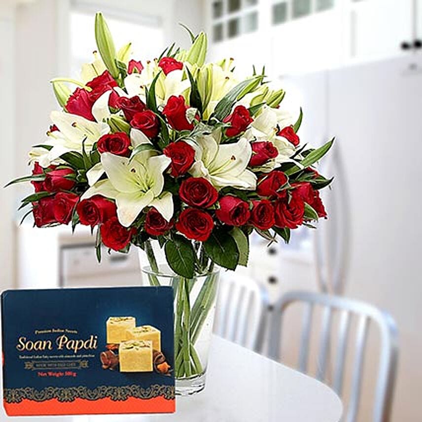 Floral Vase Arrangement And Soan Papdi Combo