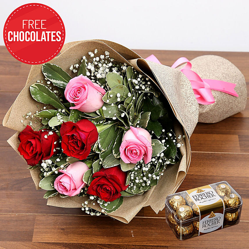 Pink And Red Roses With Free Chocolates