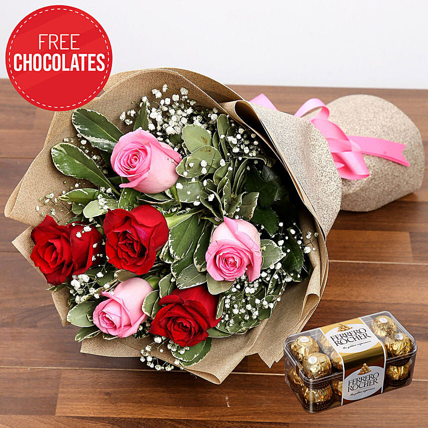 Pink And Red Roses With Free Chocolates