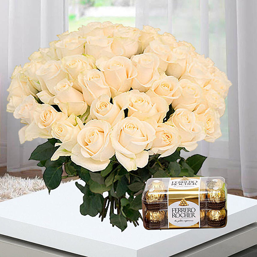 White Roses Bunch And Ferrero Rocher