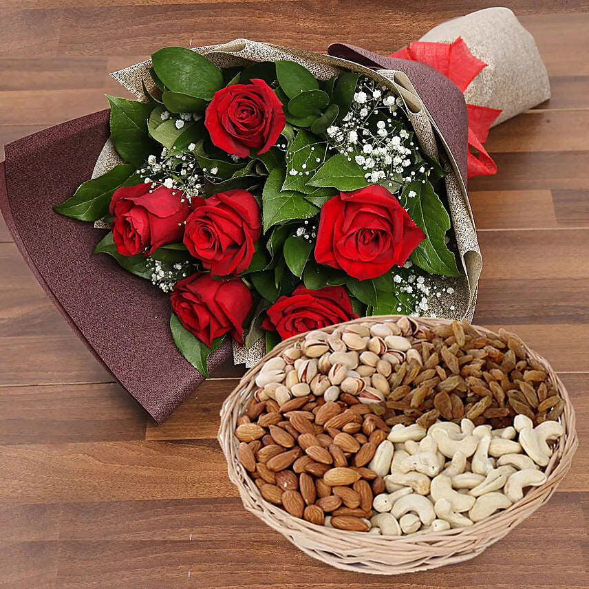 6 Red Roses Bouquet With Dry Fruits