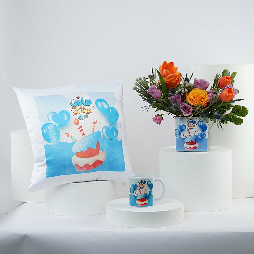 Happy Birthday Flower Vase With Mug n Cushion Happy Birthday Flower Vase With Mug n Cushion: Send Combos To Qatar