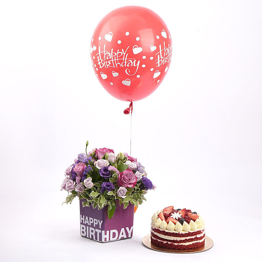 Happy Birthday Flowers with Cake N Balloon Happy Birthday Flowers with Cake N Balloon: Flower and Cakes Delivery in Qatar