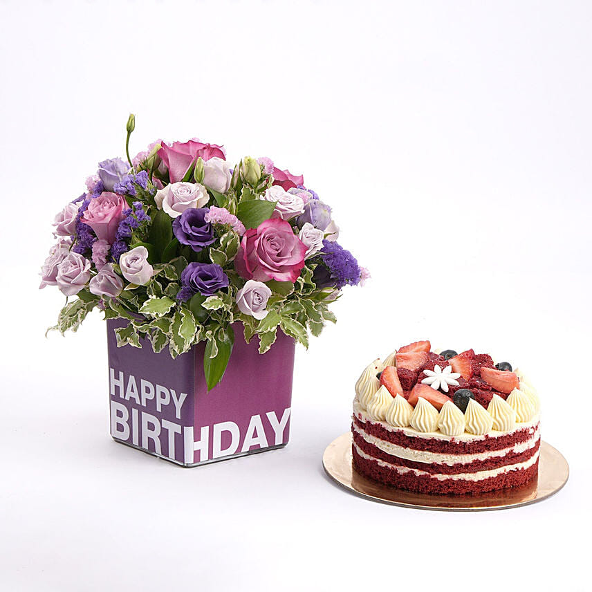Happy Birthday Flowers with Cake Happy Birthday Flowers with Cake: Flower and Cakes Delivery in Qatar