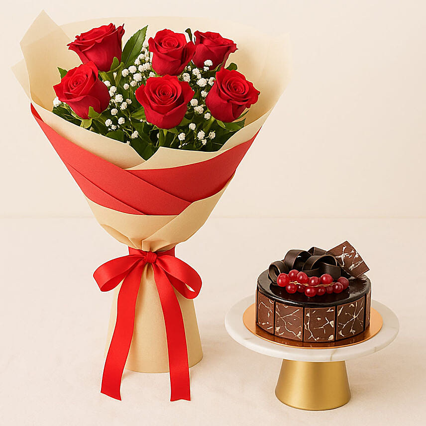 Red Love Roses Bouquet With Chocolate Cake Red Love Roses Bouquet With Chocolate Cake: Send Birthday Gifts to Qatar