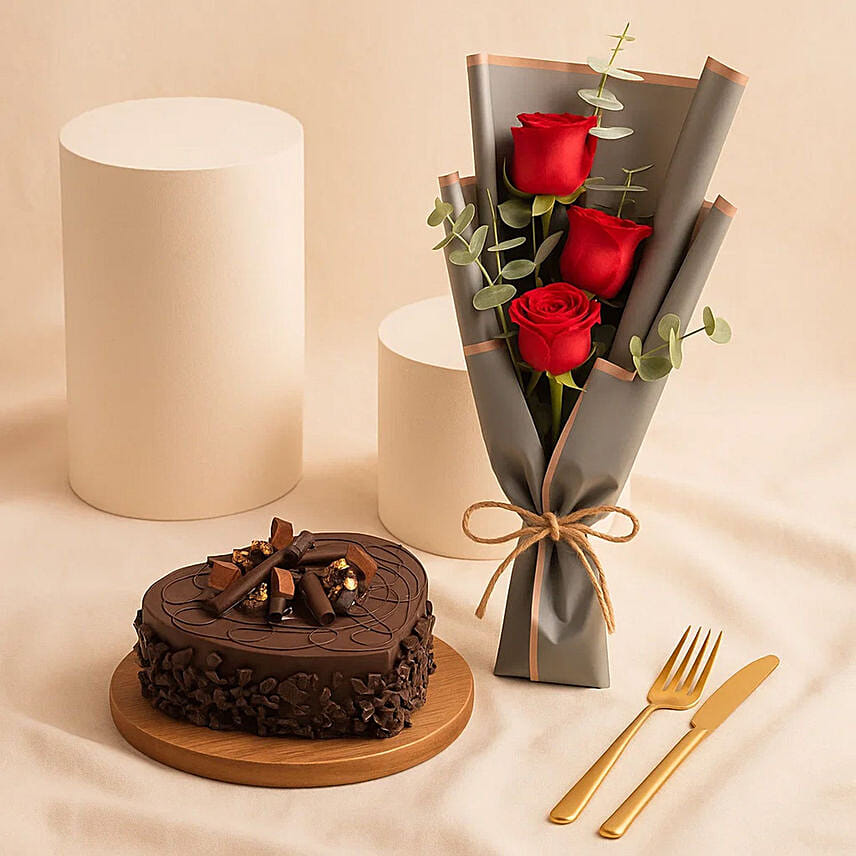 Red Roses Bouquet N Chocolate Cake Combo Red Roses Bouquet N Chocolate Cake Combo: