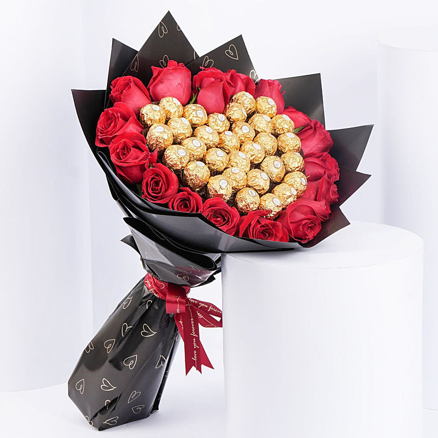 Red Roses N Rocher Chocolate Bouquet: Send Flowers N Chocolates to Qatar