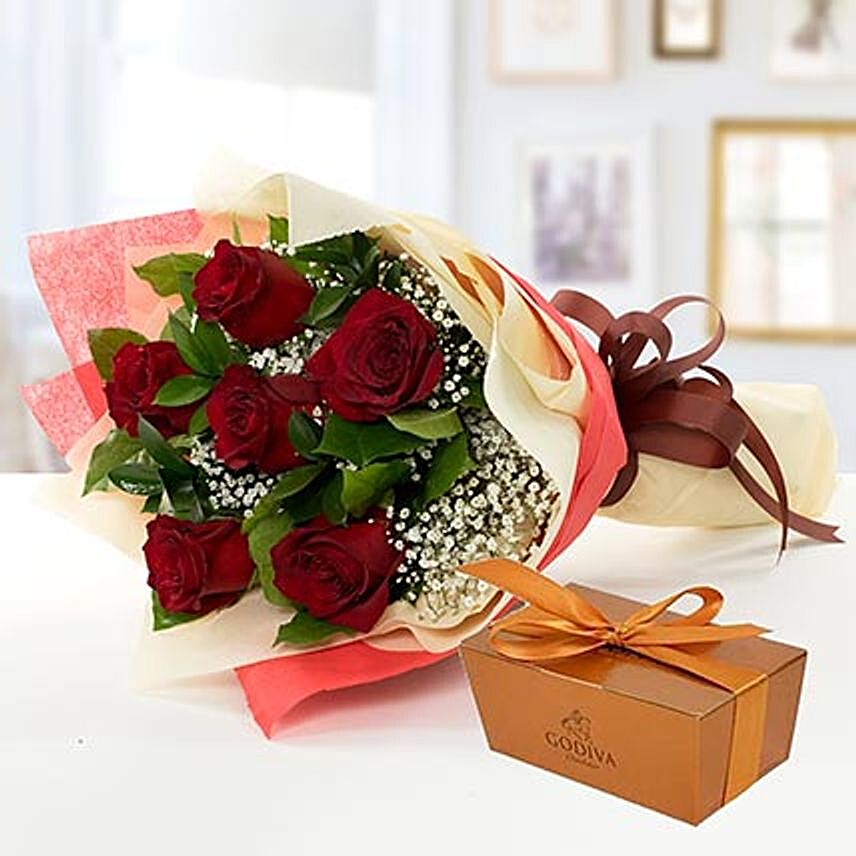 6 Red Roses and Godiva Chocolate Combo QT